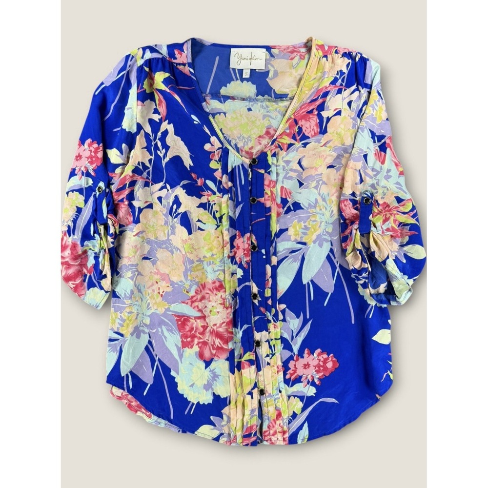 Yumi Kim 100% Silk Blouse Small‎ S Royal Blue Floral V-Neck Roll Tab Sleeve